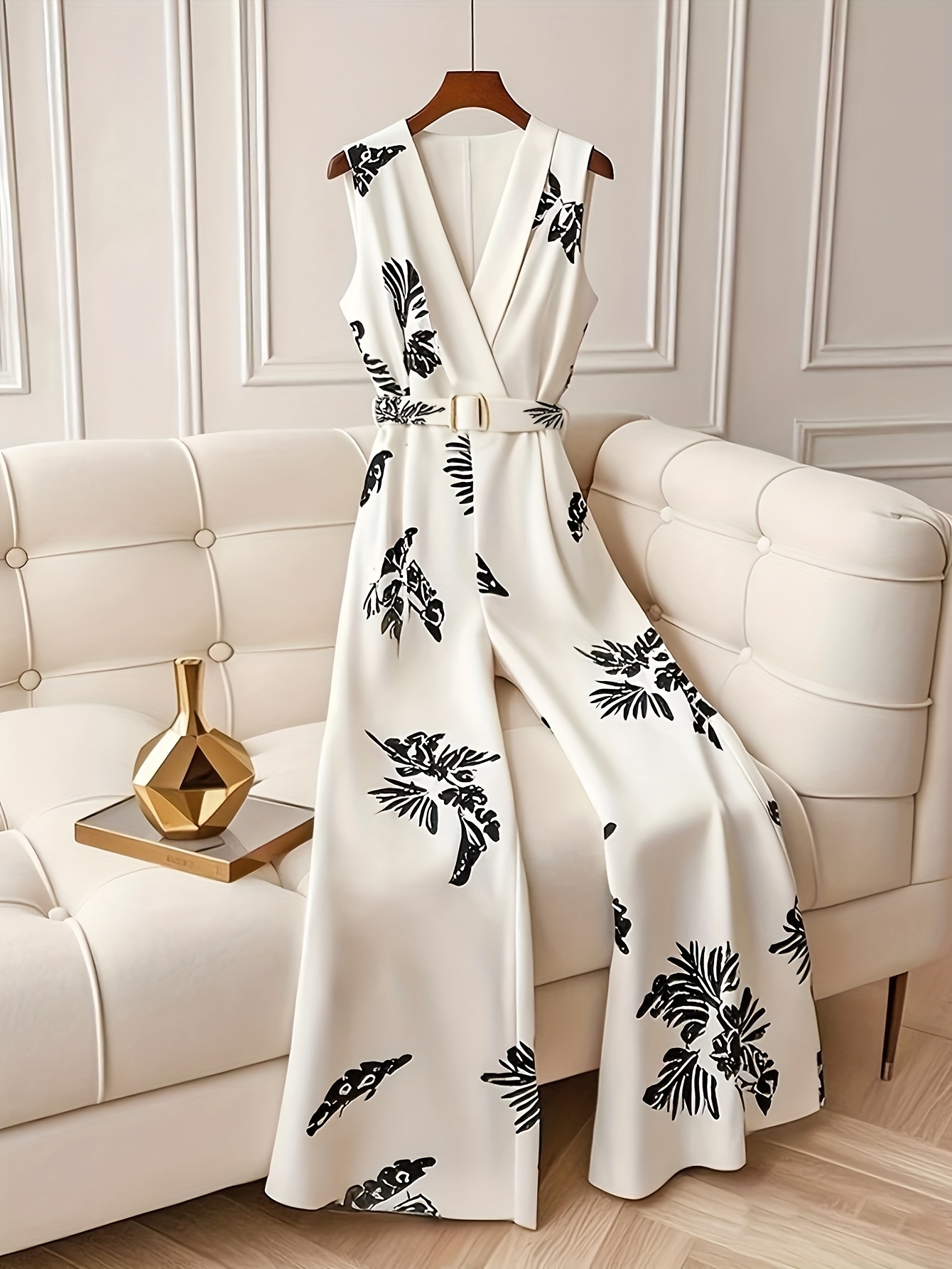 Womens Elegant Black & White Floral Leaf Print Jumpsuit High Waist V-Neck Wide Leg Perfect