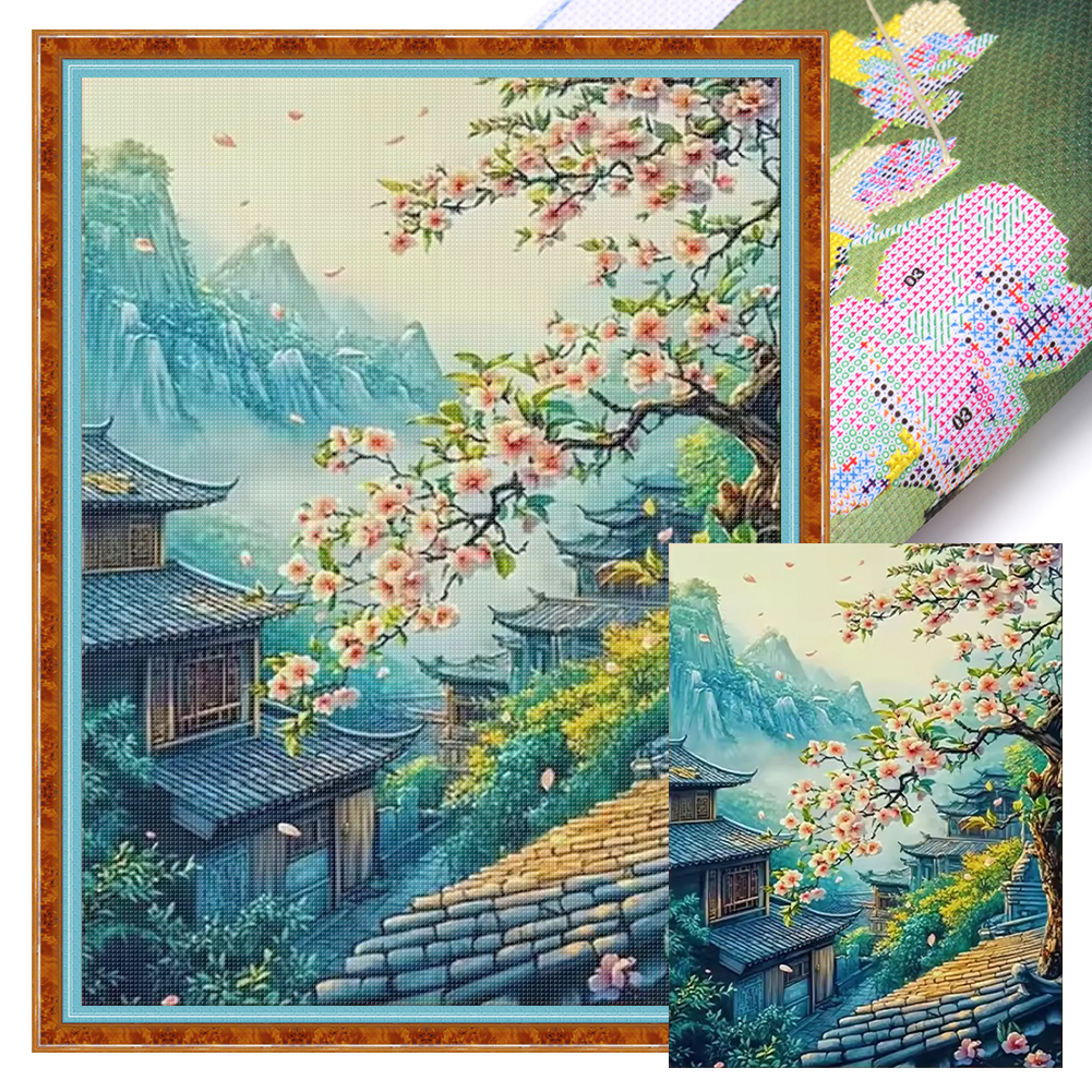 Rooftop Peach Blossom Scenery Full 14CT Pre-stamped Canvas(40*55cm) Cross Stitch