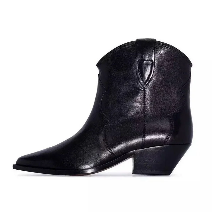 Pointy toe Chunky Heels Ankle Boots for Women Black Leather Short Chelsea Boots Autumn Winter Shoes Woman botas cowboy mujer