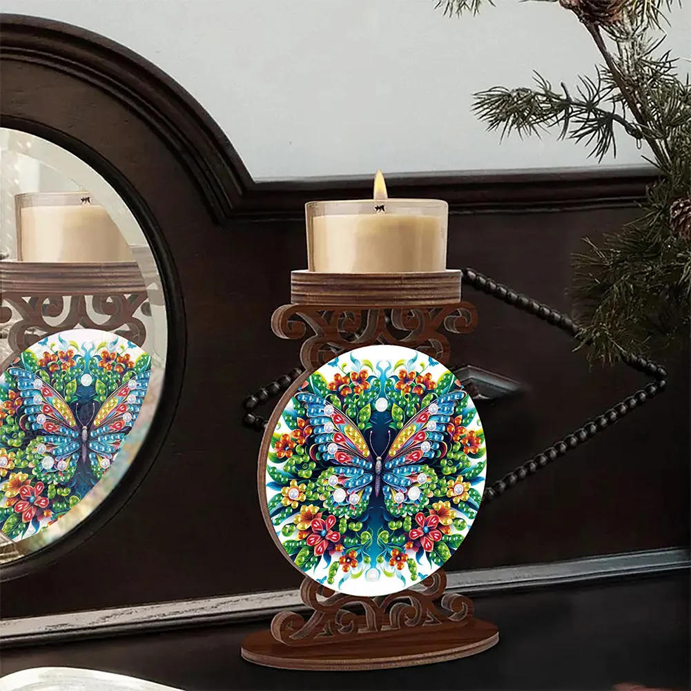 Wooden Diamond Painting Candle Holder Rhinestone Candlestick Decor (Butterfly)