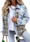 Jaqueta jeans xadrez com manga longa e bot&atilde;o