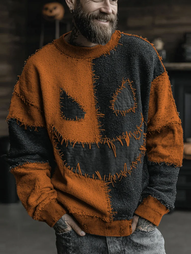 Men's Halloween Spooky Face Colorblock Stitched Cozy Knit Sweater