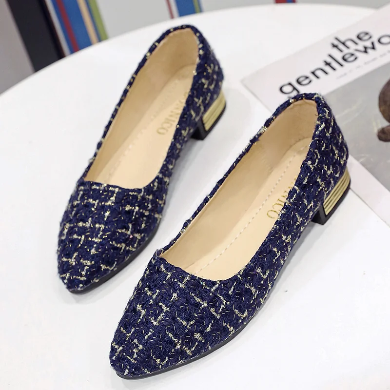 Qengg Women Flats Slip on Flat Gold Pointed Toe Casual Shoes Plaid Boat Shoes Metal Heels Female Shoes Shallow Ladies Footwears Size42
