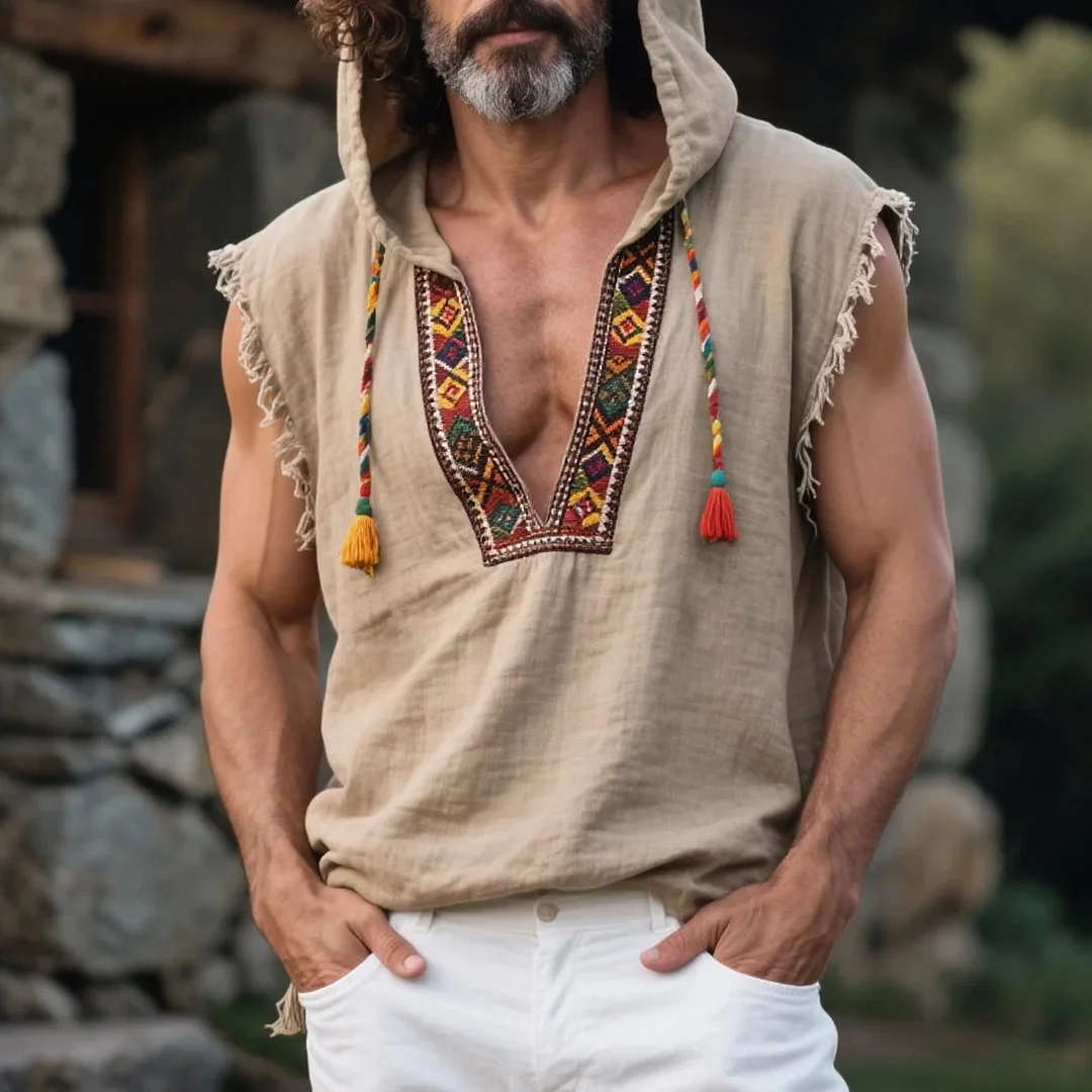  Bohemian Sleeveless Hoodie with Embroidered Details for Men-inspireuse