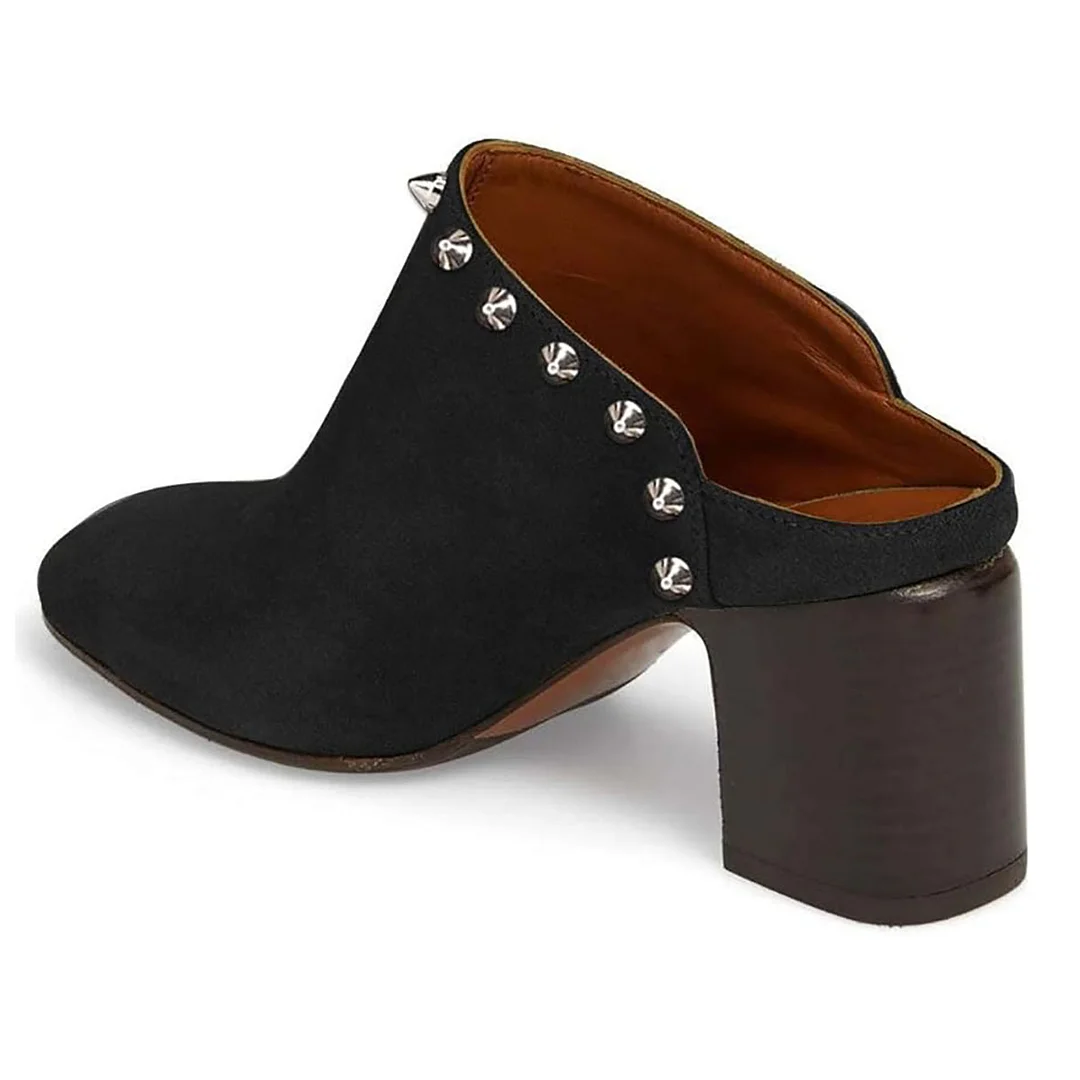 Black Studded Block Heel Mule Shoes for Women with Round Toe