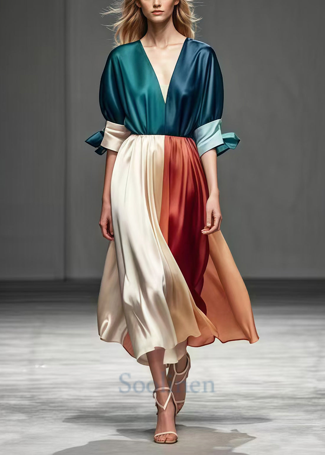 VCSHOES Colorblock V Neck Patchwork Exra Large Hem Silk Dress Summer