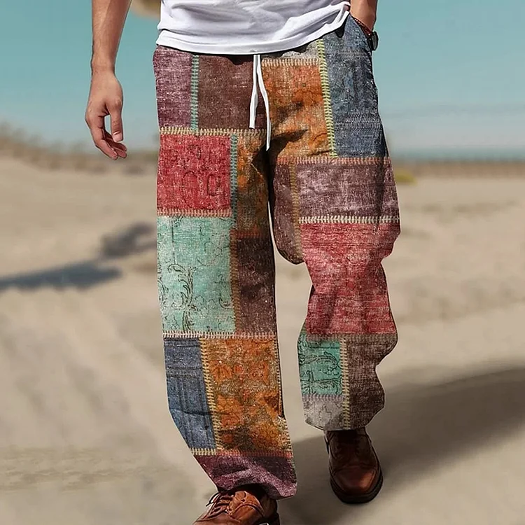Simpfit Vintage Geometrische Farbblock Art Grafik Nachahmung aus Baumwolle und Leinenhose
