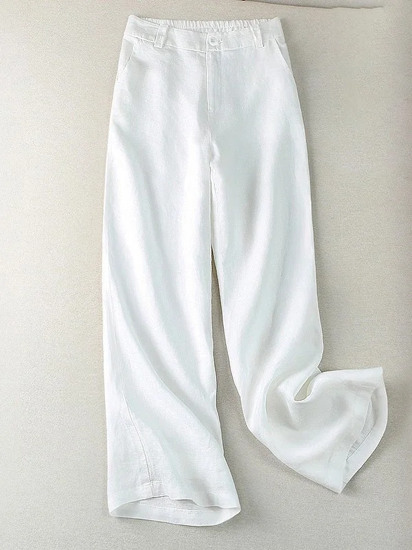 Loose Linen High Waist Solid Straight Trousers
