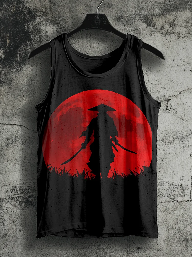 Men's Japanese Samurai Under The Red Moon Print Tank Top