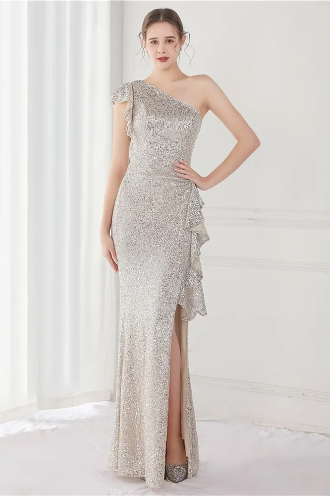 One Shoulder Mermaid Evening Dress with Long Sleeves and Ruffles Split main image 0