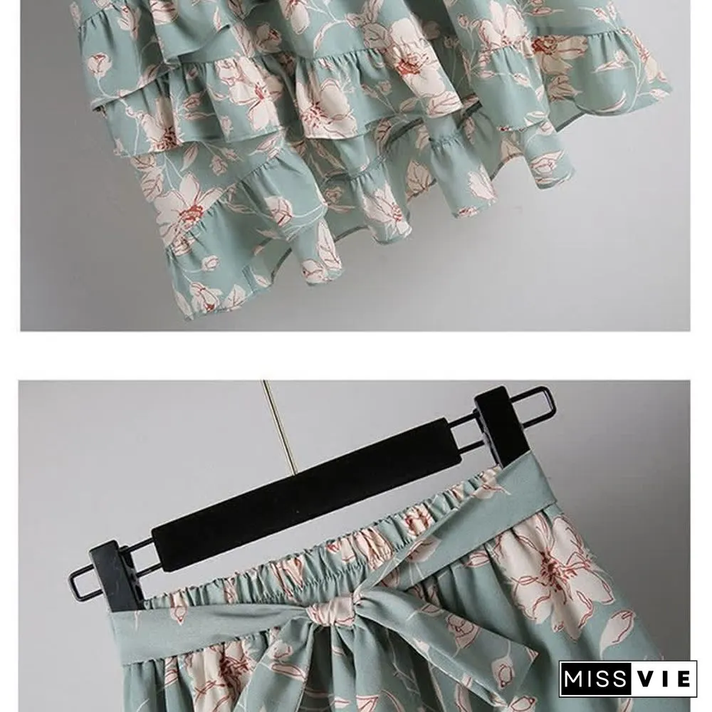 Vintage Embroidery Buckle Lace Up T-Shirt Floral Print Skirt