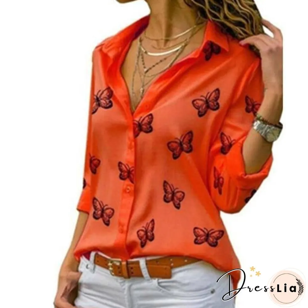 Flutter Print Womens Blouses Long-Sleeve Turn-Down Collar Blouse Shirt Casual Tops Elegant