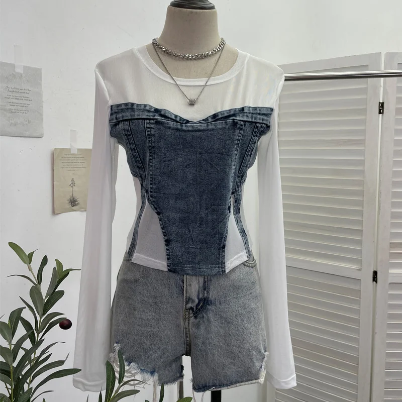 Brownm Spice Girls Design Sense Net纱 Stitched With Denim Blouse Long-Sleeved Bottom Shirts To Dress Short Niche T-Shirt 2633