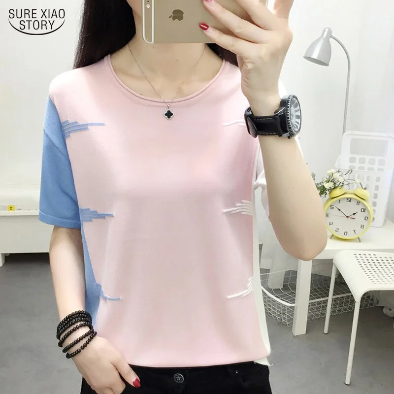 Casual Slim Women Tops Nice Short Sleeve Ladies Shirt Korean Blouse Women Blusas Mujer 2022 Summer Knitted Tee Shirt New