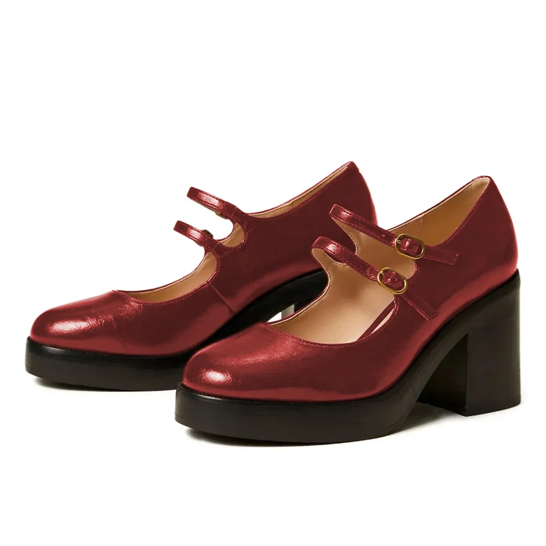 Red Chunky Heel Double Buckle Strap Mary Jane Platform Shoes