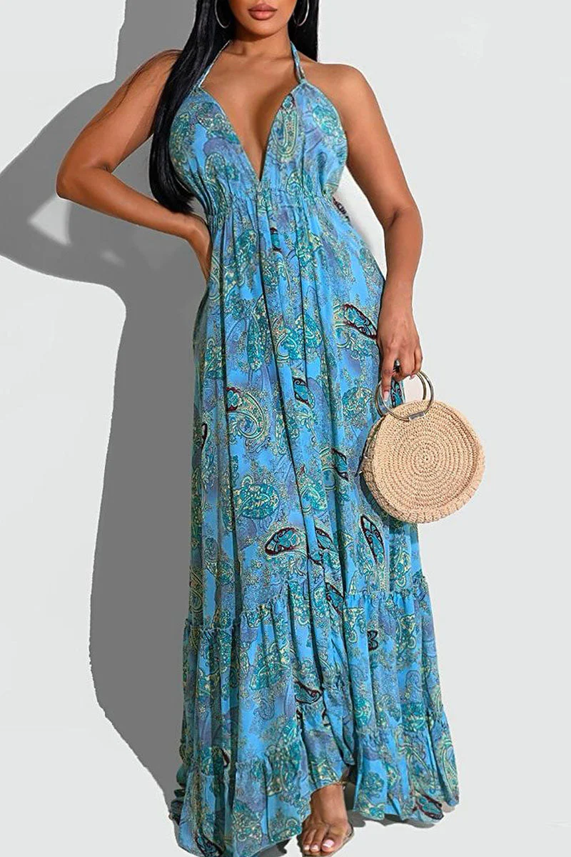 Elegant Print Split Joint Backless Halter Straight Dresses