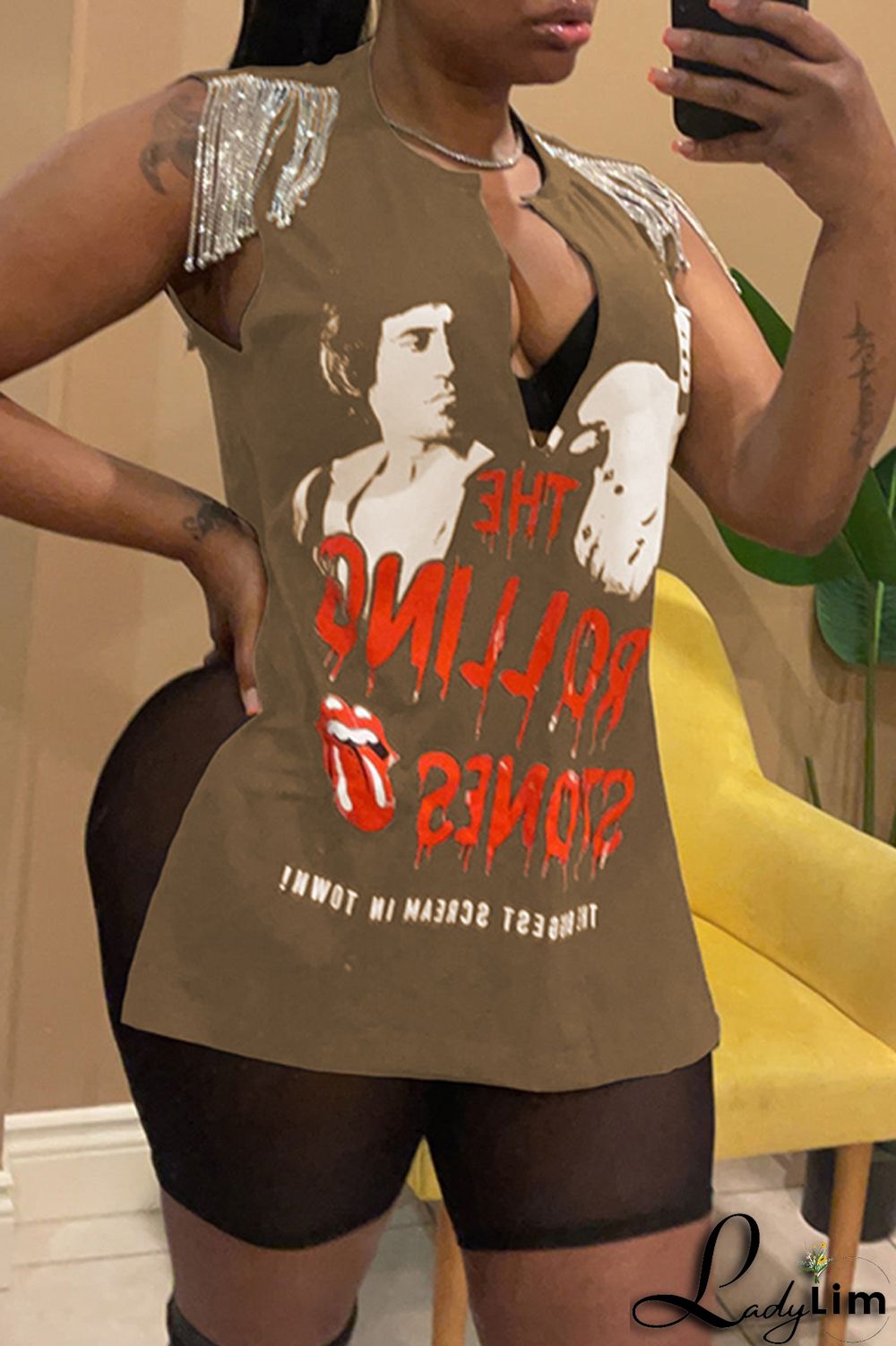 Brown Fashion Casual Print Tassel Patchwork V Neck T-Shirts