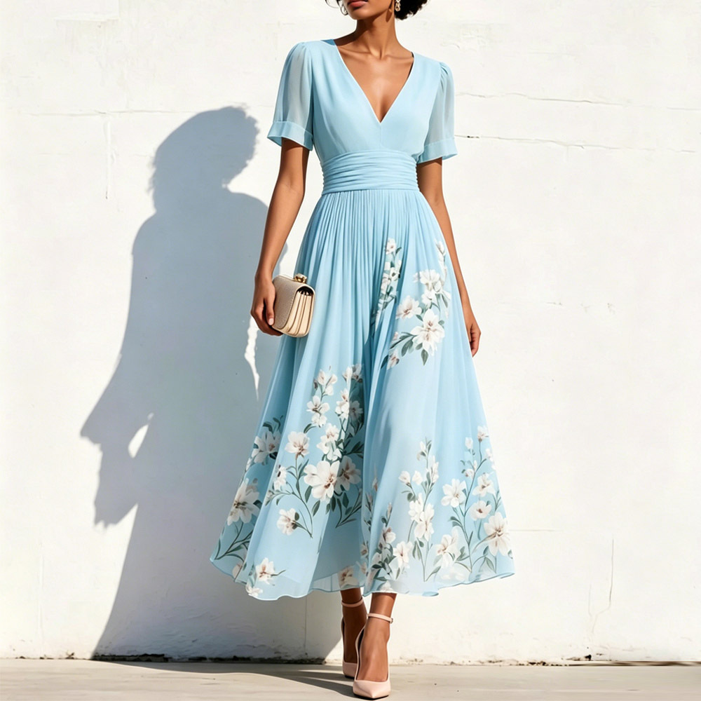 Elegant Floral Print V-neck Short Sleeves Pleated Dress elevenforest