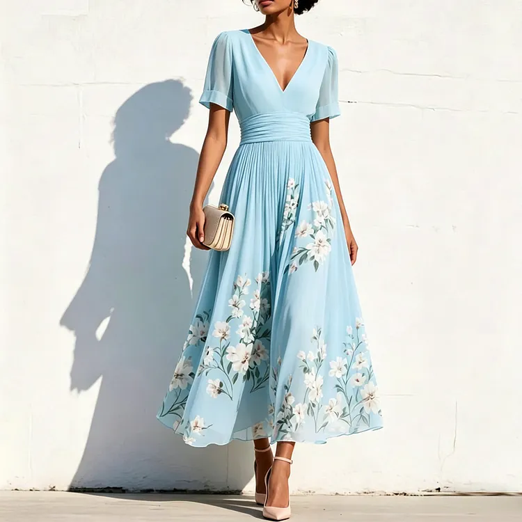 Elegant Floral Print V-neck Short Sleeves Pleated Dress