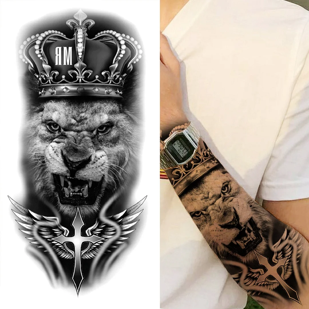 Forest Tiger Temporary Tattoos For Men Women Kids Lion Skull Cross Tattoo Sticker Black Compass Skeleton Tatoos Leg Thigh 924-1