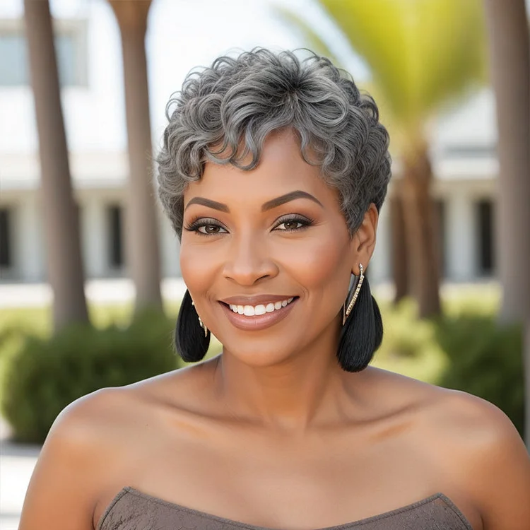 Salt & Pepper Edgy Pixie Cuts Wig With Natural Wave Bangs Glueless