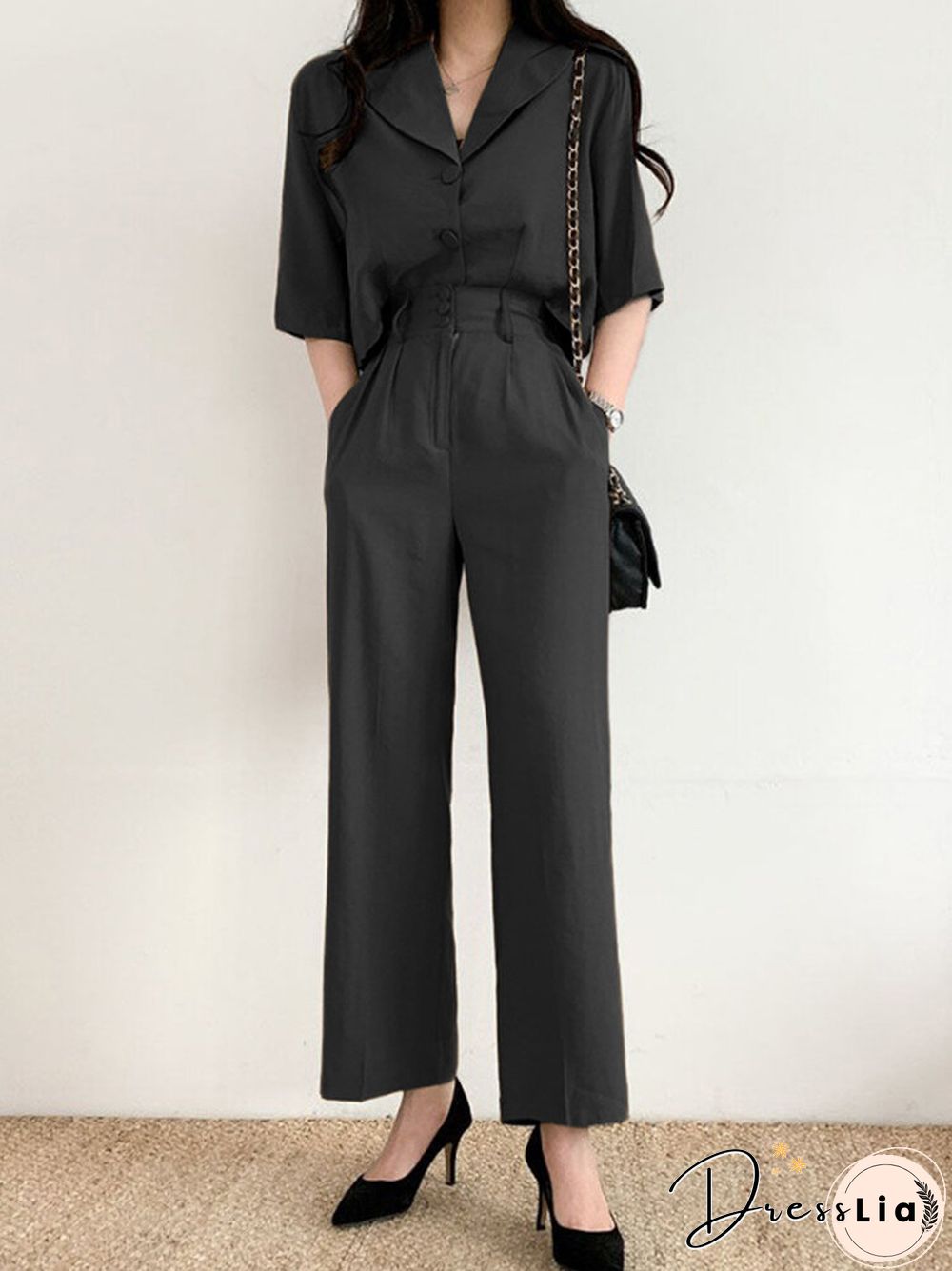 Solid Button Front Pocket Lapel Short Sleeve Two Pieces Suit