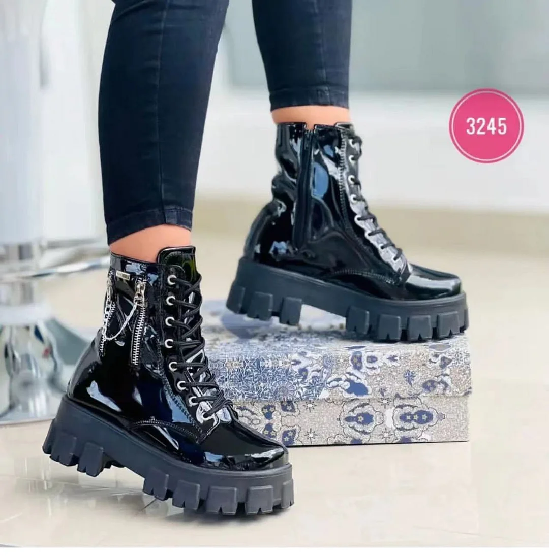 Lourdasprec 2023 Winter Trend Women's Boots Patent Leather Zipper Warm Punk Gothic Combat Boots Lace Up Sports Casual Thick Sole Biker Boots