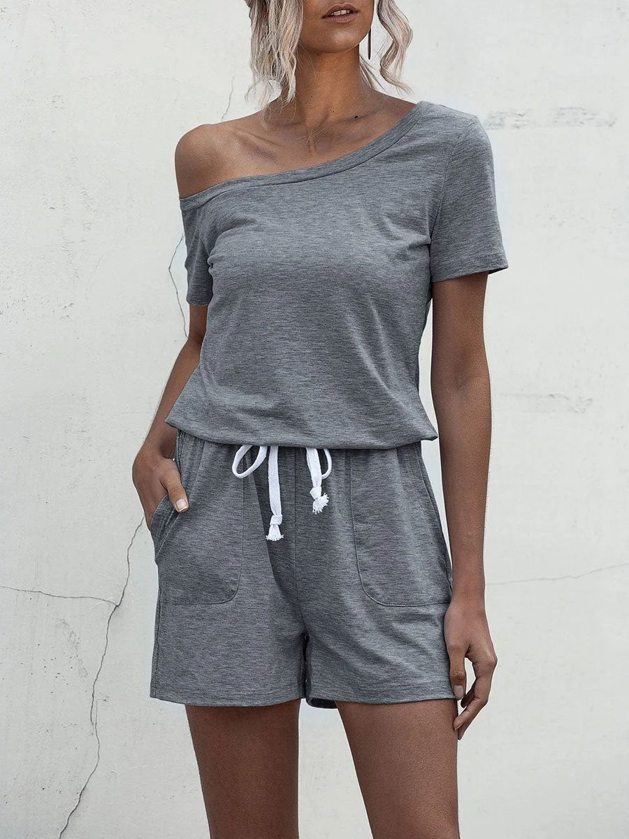 Off-shoulder Short Sleeve Pocket Lace-up Romper