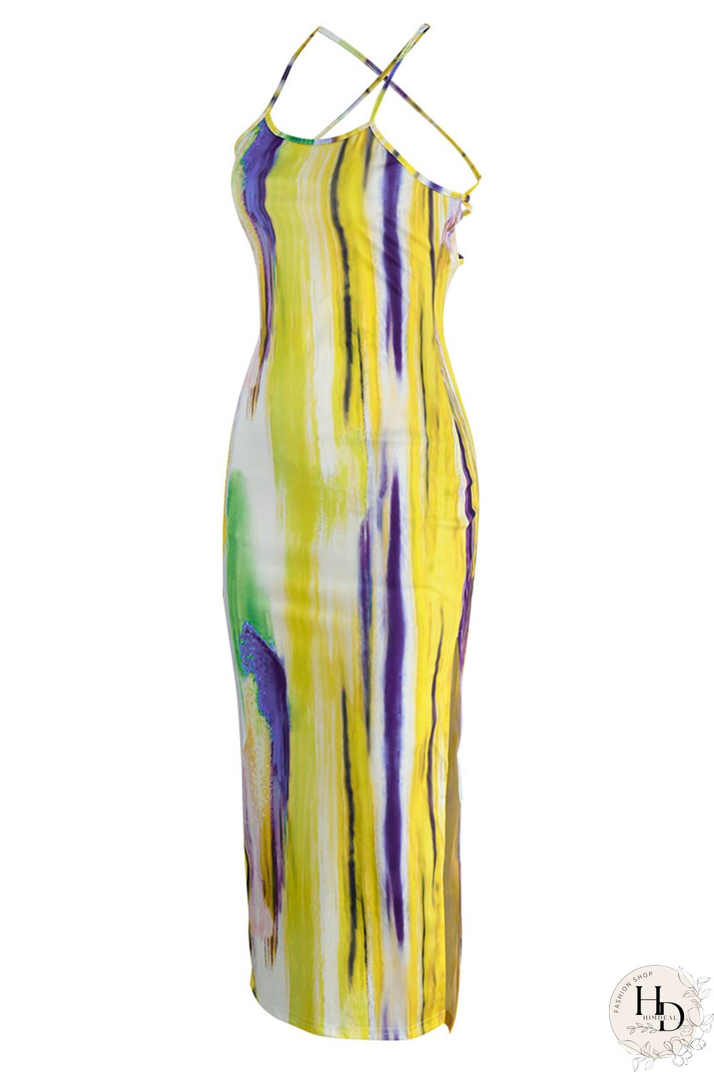 Yellow Sexy Print Hollowed Out Patchwork Slit Spaghetti Strap One Step Skirt Dresses