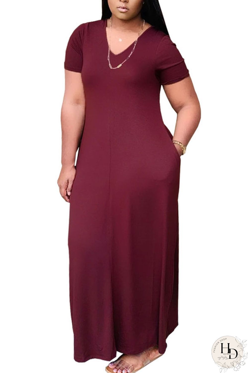 Wine Red Polyester Fashion Casual Black Grey Pink Yellow Wine Red Royal blue Cap Sleeve Short Sleeves V Neck Swagger Ankle-Length Solid Dresses