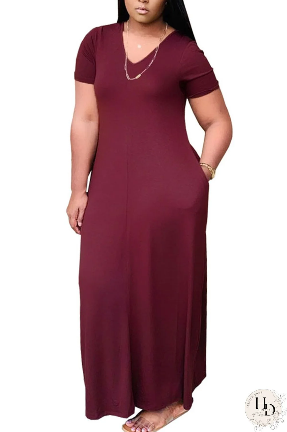Wine Red Polyester Fashion Casual Black Grey Pink Yellow Wine Red Royal blue Cap Sleeve Short Sleeves V Neck Swagger Ankle-Length Solid Dresses