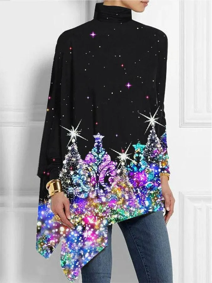 Fashion Turtleneck Long Sleeve Print Irregular Top
