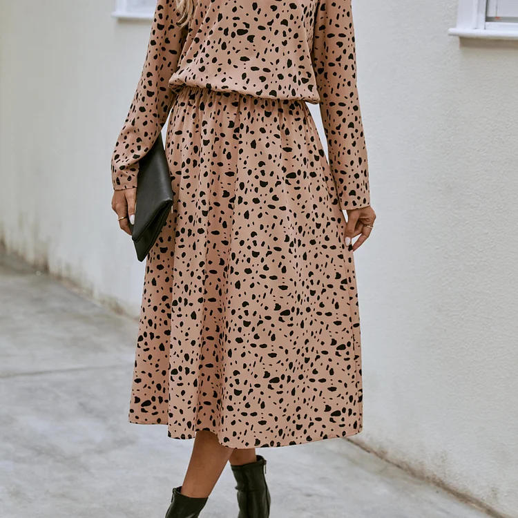 Allover Print Keyhole Dress, Casual Long Sleeve Cinched Waist Dress, Women's Clothing