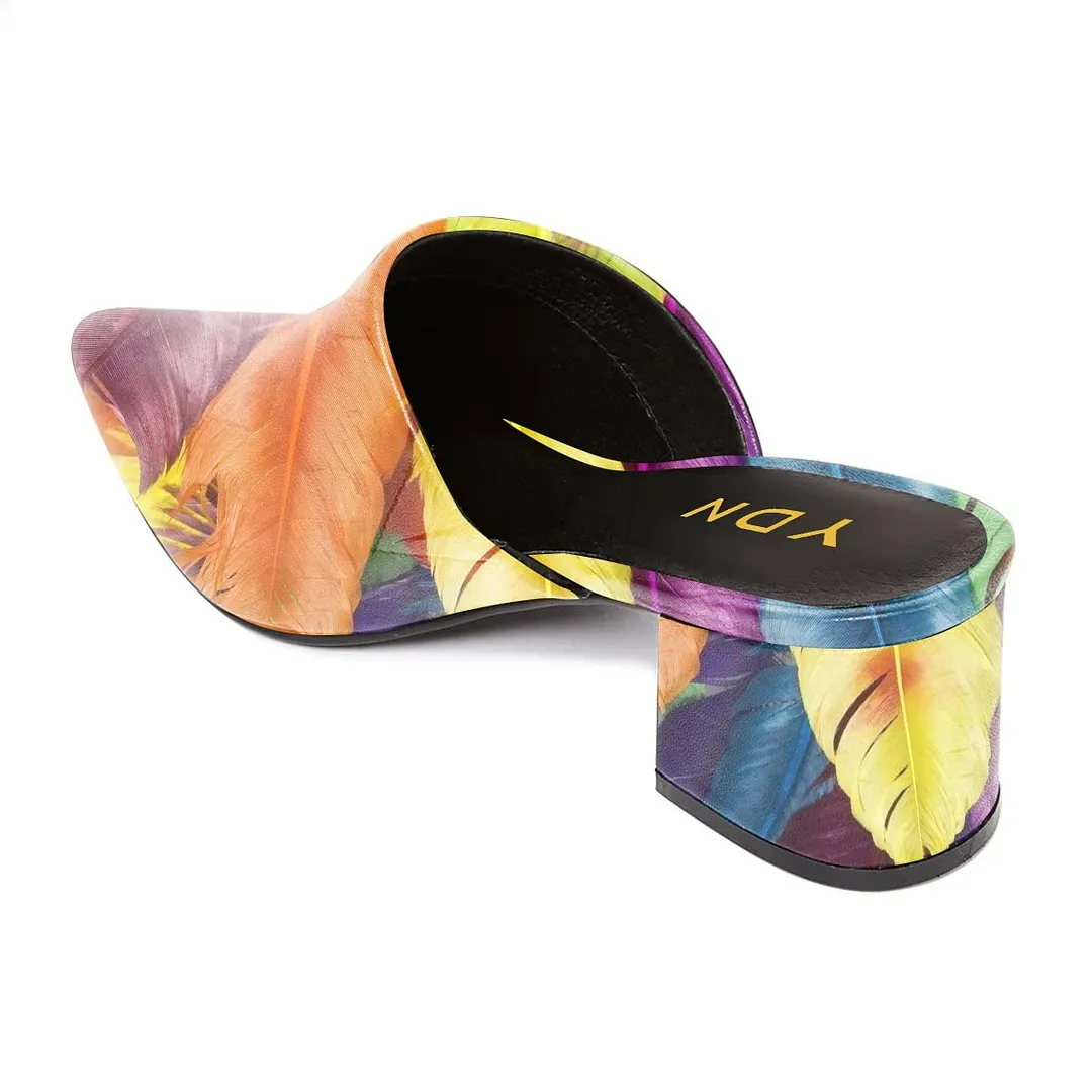 Multicolor Pointed Toe Block Heel Mules Shoes with Feather Print