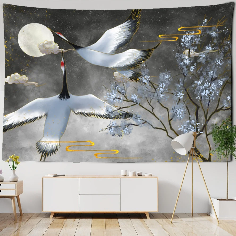 Crane Chinese Painting Blanket Tapestry Wall Hanging Bohemian Nordic Style Landscape Bedroom Home Decor