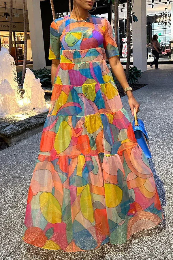 Guchioe Fashion Fruit Print Mosaic Swing Long Dress