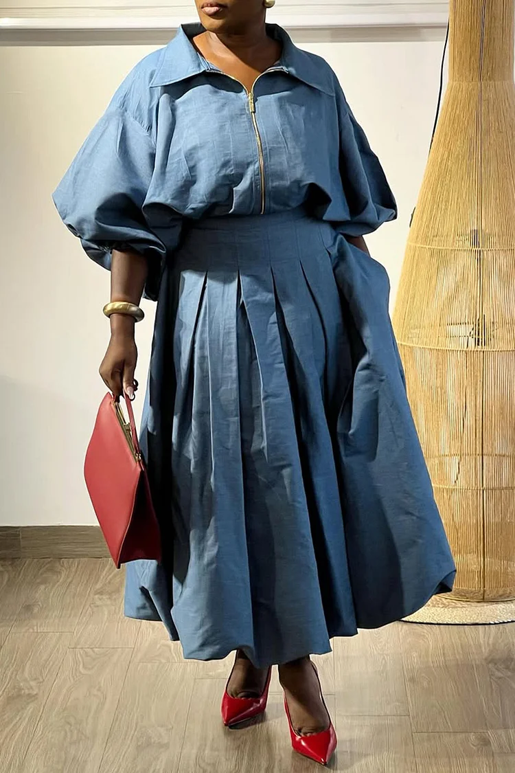 Plus Size Daily Blue Shirt Collar Lantern Sleeve Long Sleeve Pleated Casual Pocket Two Piece Skirt Sets [Pre-Order]