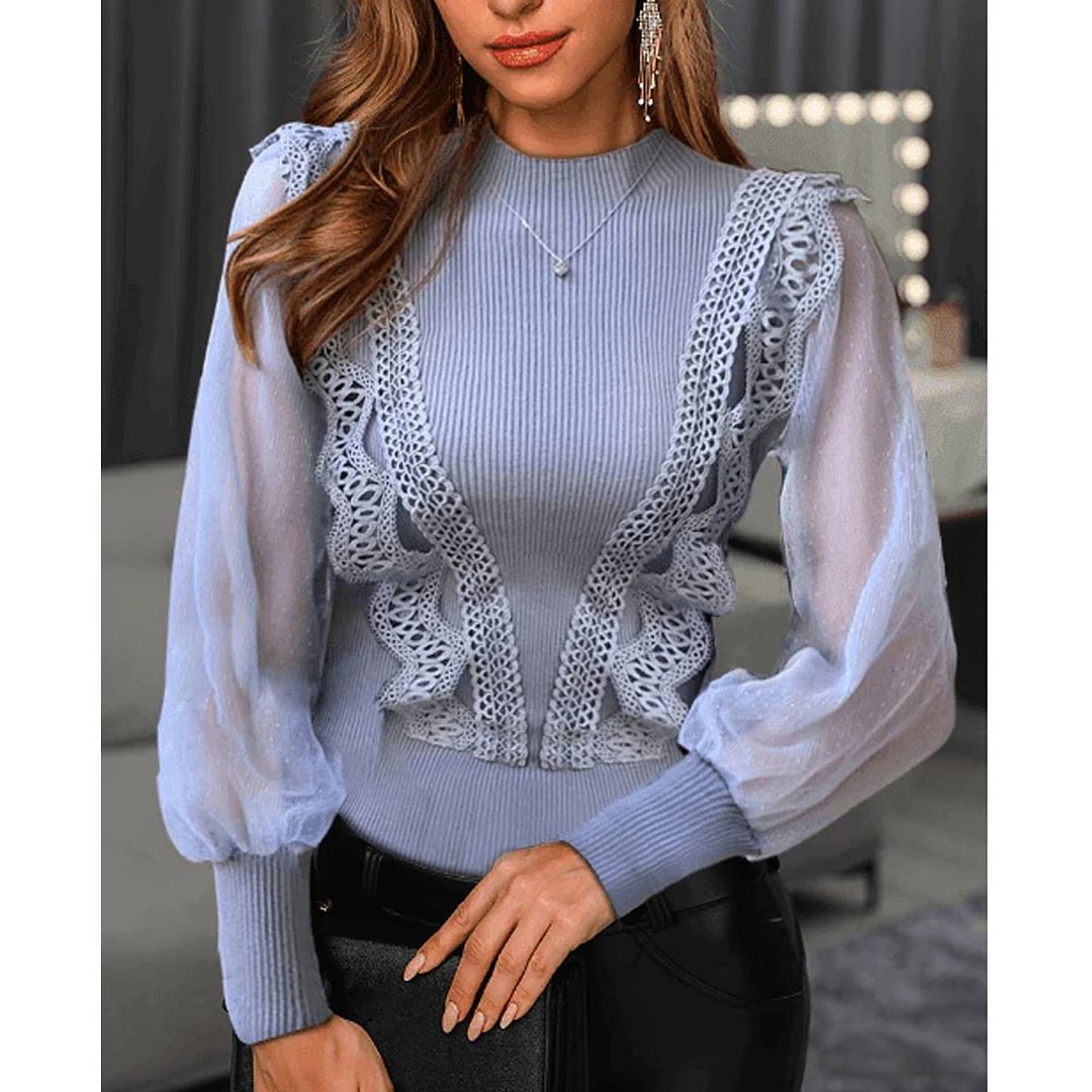 Perfect Look New Sheer Mesh Plain Hollow Out Lace Blouse