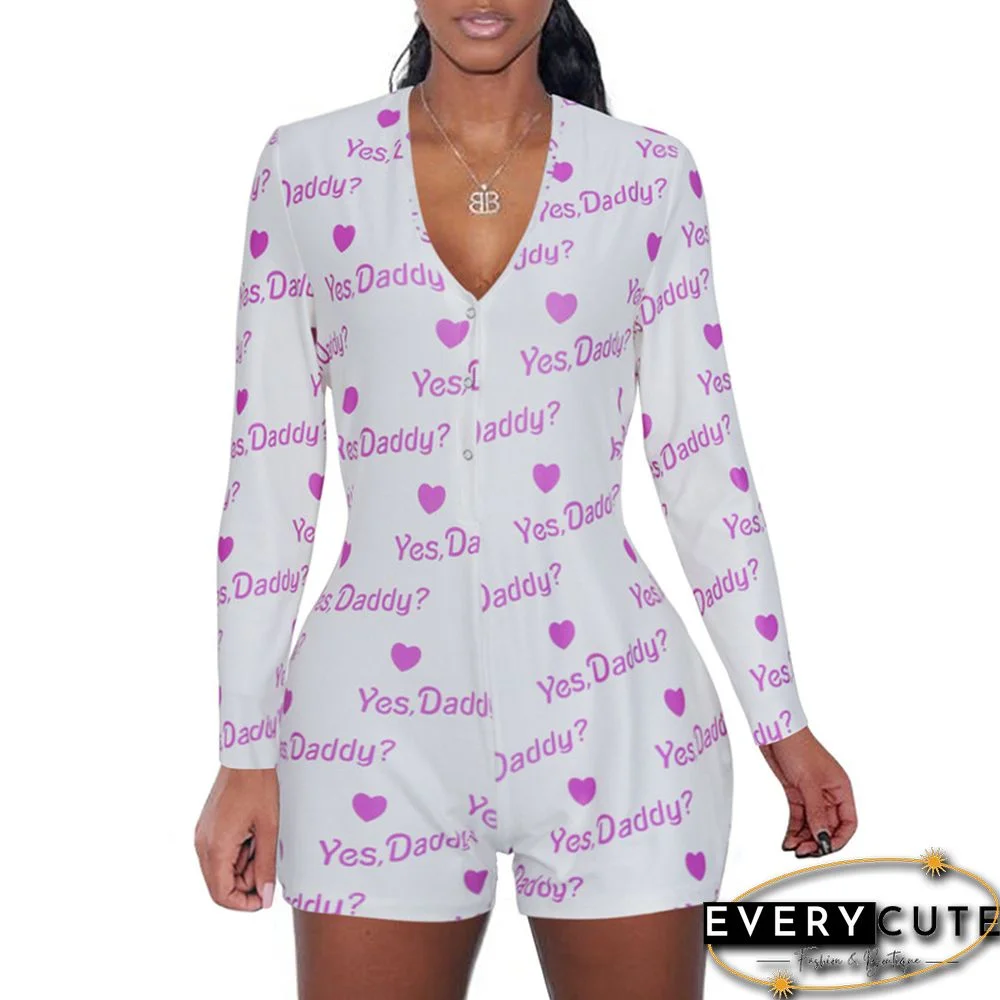 White Printed Long Sleeve Bodycon Romper