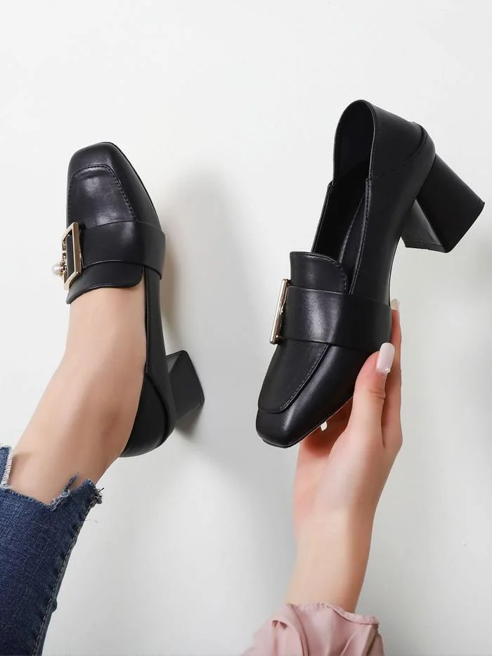 Season pearl buckle high-heeled thick heel popular two-wear shoes