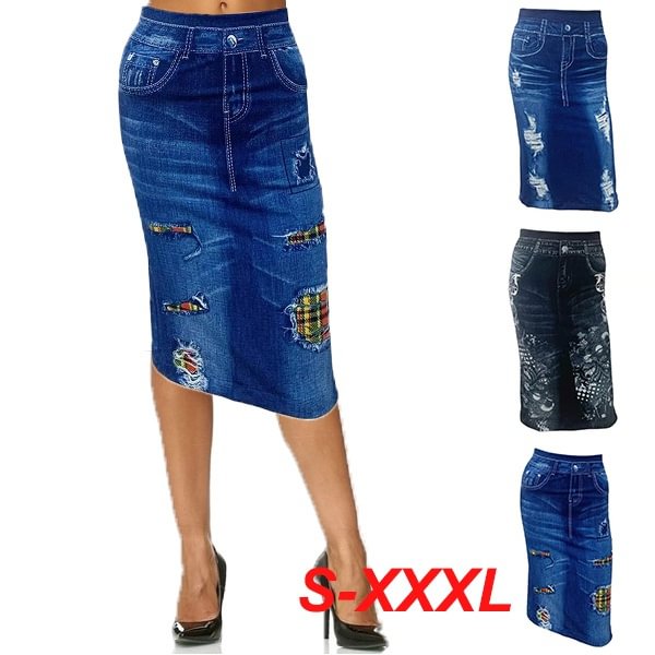Women Fashion Casaul Stretch Knee Length Denim Skirt Washed Denim Blue Midi Jeans Skirt Plus Size S-3Xl - Shop Trendy Women's Clothing | LoverChic