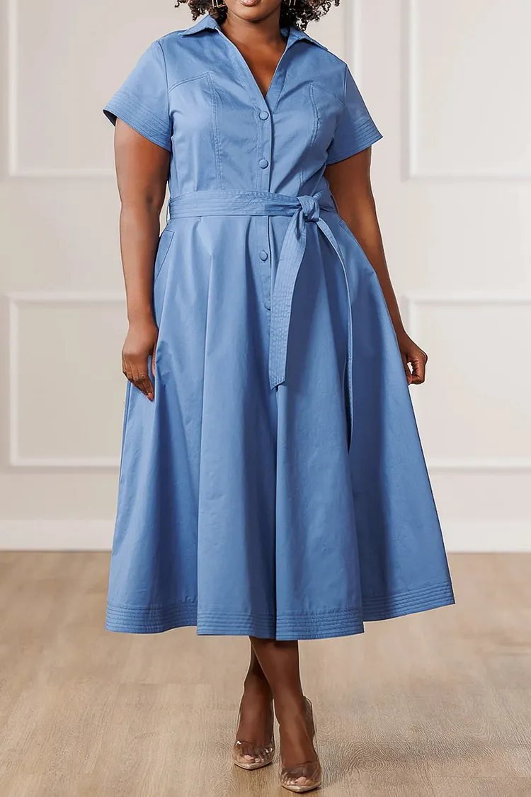 Plus Size Business Casual Blue Shirt Collar Short Sleeve Wrap Pocket Midi Dresses [Pre-Order] 2024 - Xpluswear