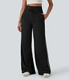 2026🔥 Halara Ribbed SoCinched High Waisted Tummy Control Drawstring Wide Leg Color Block Casual Trousers with Pockets