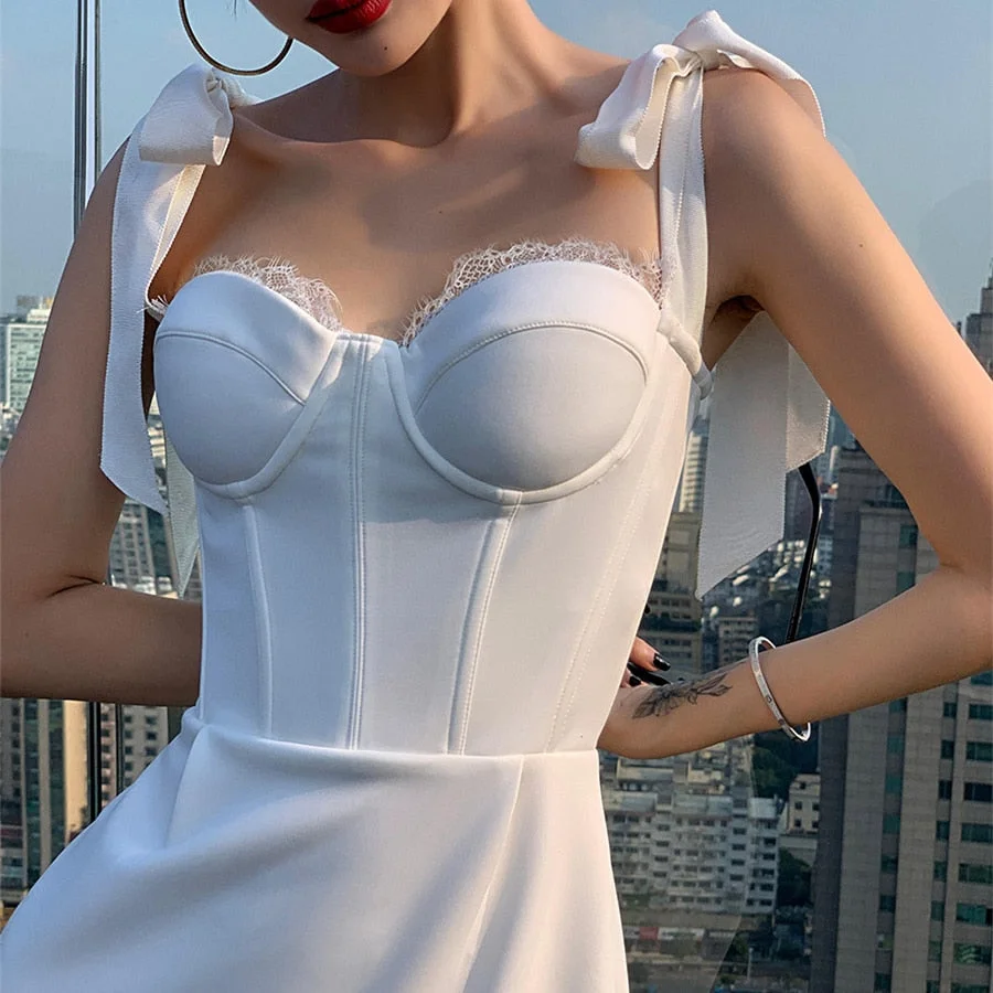 Women New Elegant Summer Sleeveless White Bodycon Dress Sexy Spaghetti Strap Midi Dress Office Lady Celebrity Party Clothes