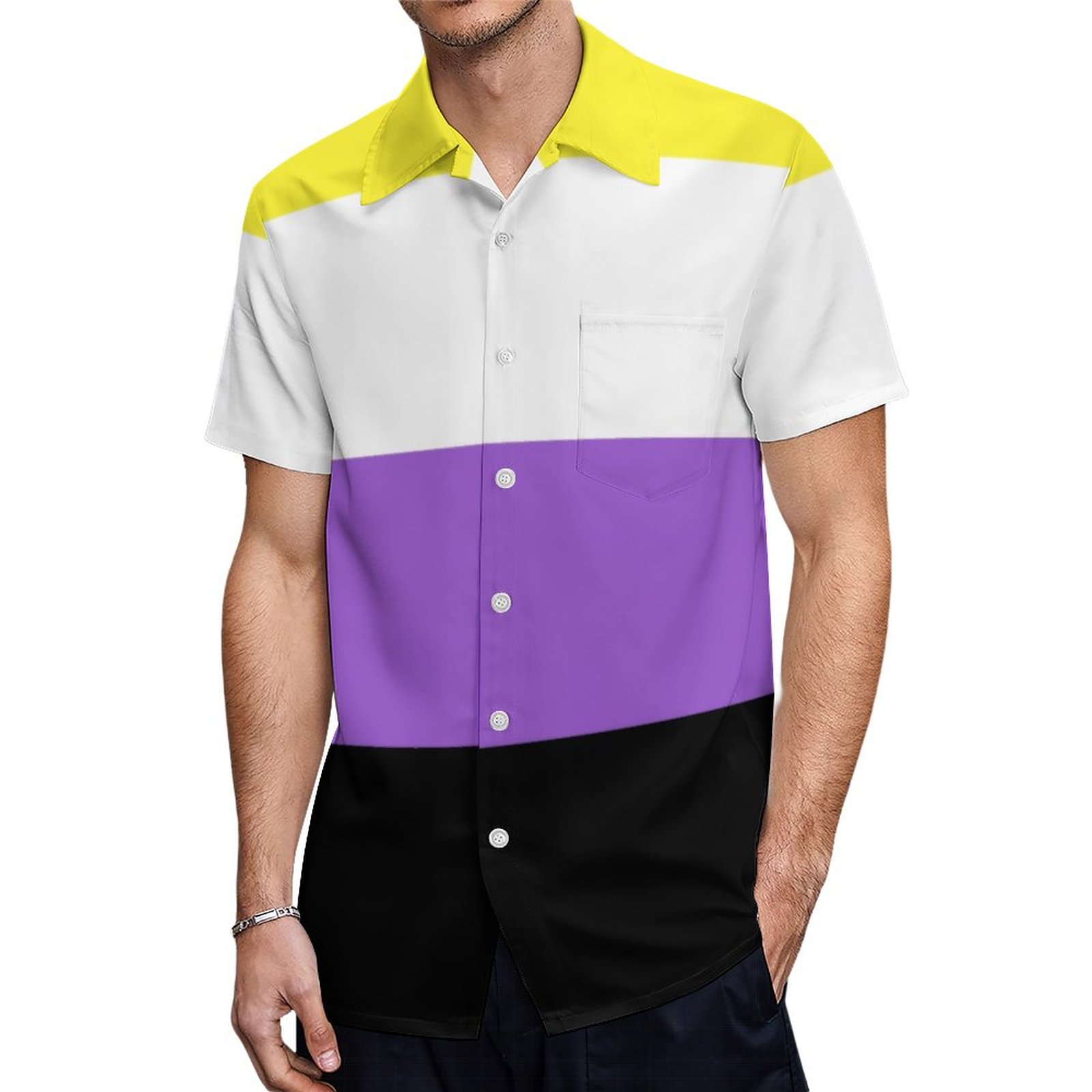 Non Binary Pride Flag Hawaiian Shirt Mens Button Down Plus Size Tropical Hawaii Beach Shirts