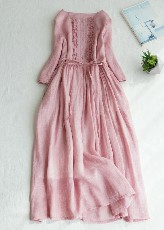 Fine Pink Ruffled Tie Waist Patchwork Linen Dress Summer