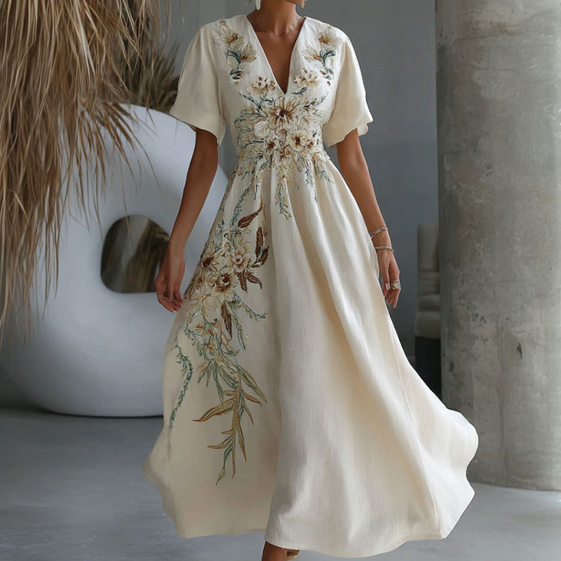 Women's Floral Art Print Linen Blend V-neck Dress elevenforest