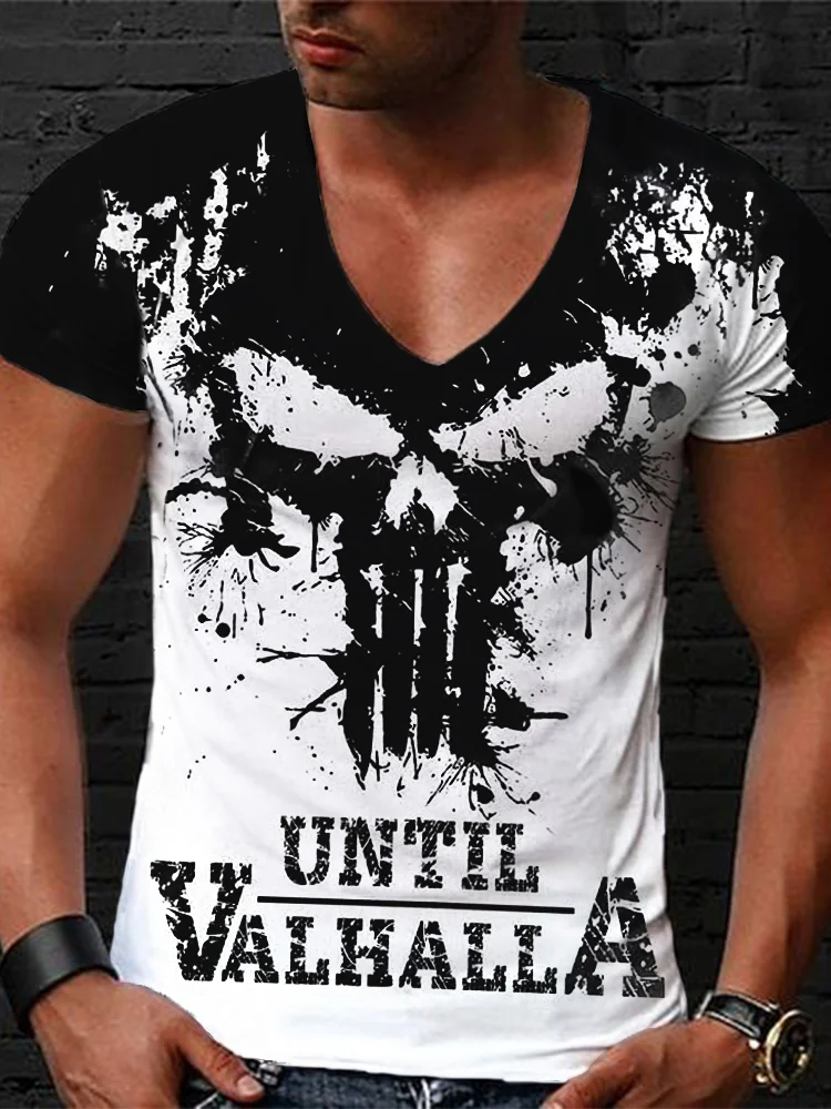 BrosWear Men's Until Valhalla Skull Contrast Color V Neck T Shirt