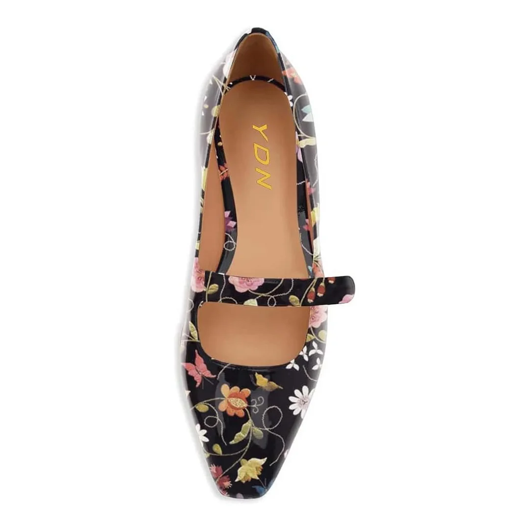 YDN Stylish Multicolor Floral Print Square Toe Mary Jane Flats