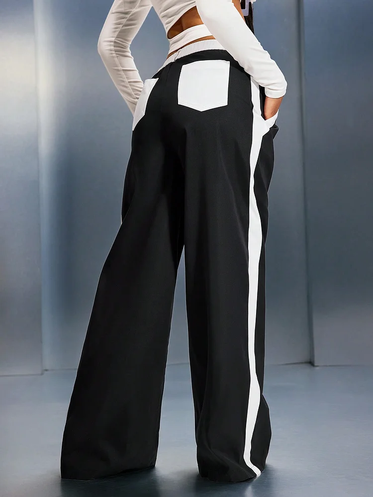  Black & White Contrast Palazzo Wide Leg Pants, Suitable For Spring, Summer, Autumn & Winter